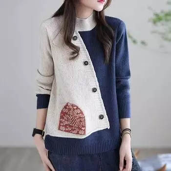 Осень/Зима Винтаж Женский свитер с круглым вырезом Свободный Большой размер Сшитый Контрастный трикотаж Пуловер Длинный рукав Эластичный трикотажный топ Верхняя одежда Джемпер S жёлтый