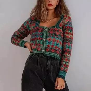 Осень-зима Винтажные женские свитера Модные однобортные с квадратным воротником Вязаные цветочные шикарные женские свитера S