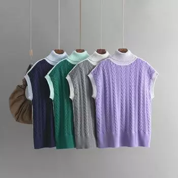 Осень-зима Винтажный свободный большой топ без рукавов с цветными переплетениями пуловер трикотаж свитер с высоким воротником жилет One Size абрикосовый