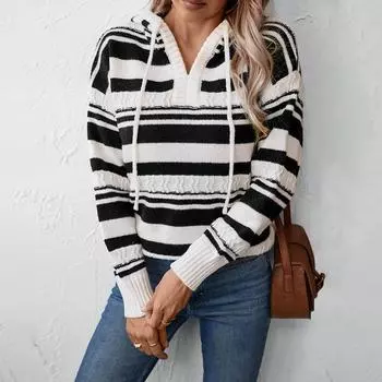 Осень-зима Винтажный свободный длинный рукав с капюшоном свитер в полоску трикотажный свитер с V-образным вырезом S серый