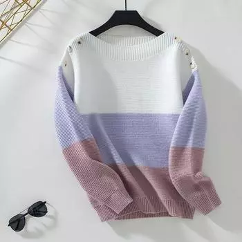 Осень-зима Винтажный свободный топ с длинными рукавами Разноцветный пуловер Трикотажный свитер с круглым вырезом S фиолетовый