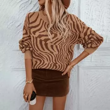 Осень-зима Винтажный свободный топ с длинными рукавами с леопардовым принтом, трикотажный свитер с круглым вырезом S зелёный