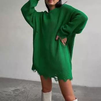 Осень-зима Винтажный свободный топ с длинными рукавами Однотонный пуловер Трикотажный свитер с круглым вырезом S зелёный
