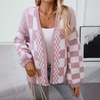 Осень-зима Винтажный свободный топ с длинными рукавами и принтом Кардиган Трикотаж Свитер с V-образным вырезом S розовый