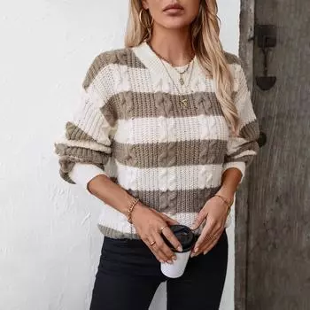 Осень-зима Винтажный свободный топ с длинными рукавами в полоску кардиган трикотажный свитер с круглым вырезом S кофейный