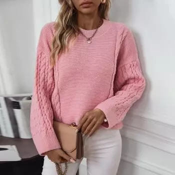 Осень-зима Винтажный свободный топ с длинными рукавами однотонный кардиган трикотажный свитер с круглым вырезом S розовый