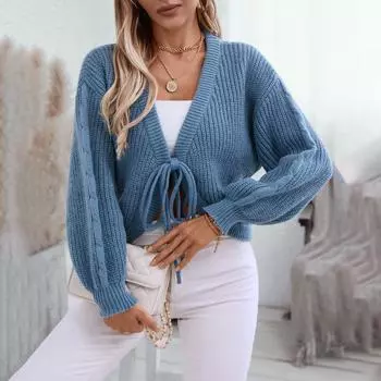 Осень-зима Винтажный свободный топ с длинными рукавами однотонный кардиган трикотажный свитер с V-образным вырезом S абрикосовый