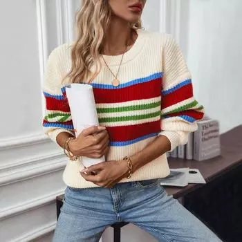 Осень-зима Винтажный свободный топ с длинными рукавами в полоску кардиган трикотажный свитер с круглым вырезом S абрикосовый