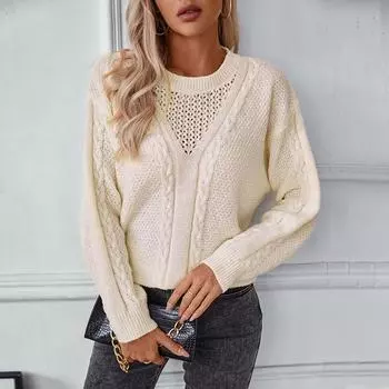 Осень-зима Винтажный свободный топ с длинными рукавами однотонный кардиган трикотажный свитер с круглым вырезом S бежевый