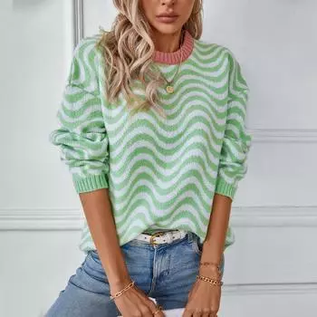 Осень-зима Винтажный свободный топ с длинными рукавами в полоску кардиган трикотажный свитер с круглым вырезом S зелёный