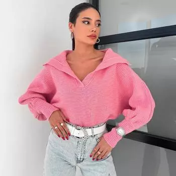 Осень-зима Винтажный свободный топ с длинными рукавами однотонный пуловер трикотажный свитер с V-образным вырезом S розовый