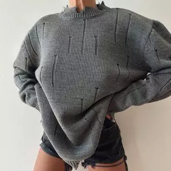 Осень-зима Винтажный свободный топ с длинными рукавами Однотонный пуловер Трикотажная одежда Свитер с воротником-стойкой S темно-серого