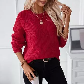 Осень-зима Винтажный свободный топ с длинными рукавами однотонный кардиган трикотажный свитер с круглым вырезом S бордовый