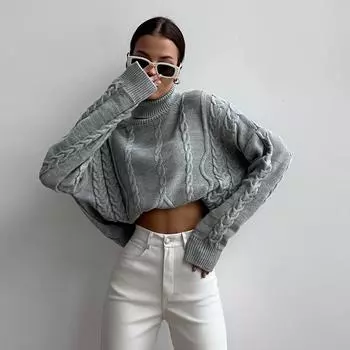 Осень-зима Винтажный свободный топ с длинными рукавами Однотонный пуловер Трикотажная одежда Свитер с воротником-стойкой S серый