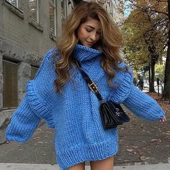 Осень-зима Винтажный свободный топ с длинными рукавами Однотонный пуловер Трикотажная одежда Свитер с воротником-стойкой S белый