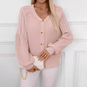 Осень-зима Винтажный свободный топ с длинными рукавами однотонный кардиган трикотажный свитер с V-образным вырезом S розовый