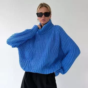 Осень-зима Винтажный свободный топ с длинными рукавами Однотонный пуловер Трикотажная одежда Свитер с воротником-стойкой S синий