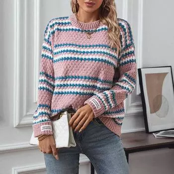 Осень-зима Винтажный свободный топ с длинными рукавами в полоску кардиган трикотажный свитер с круглым вырезом S розовый