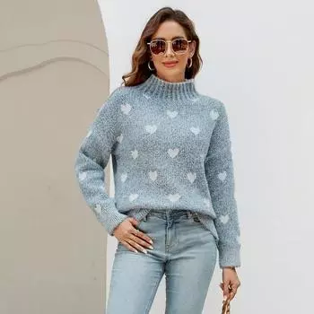 Осень-зима Винтажный свободный топ с длинными рукавами и принтом кардиган трикотажный свитер с воротником-стойкой S синий