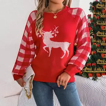 Осень-зима Винтажный свободный топ с длинными рукавами и принтом Кардиган Трикотаж с круглым вырезом Рождественский свитер S белый