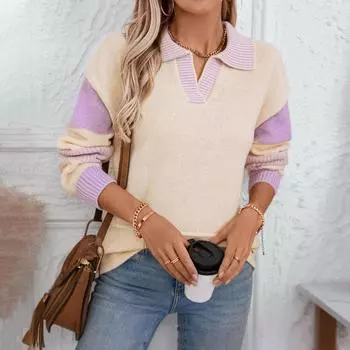 Осень-зима Винтажный свободный топ с длинными рукавами в полоску кардиган трикотажный свитер с V-образным вырезом S фиолетовый