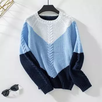 Осень-зима Винтажный свободный топ с длинными рукавами Цветной кардиган Collision Трикотажный свитер с круглым вырезом S синий