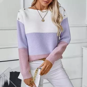 Осень-зима Винтажный свободный топ с длинными рукавами Цветной кардиган Collision Трикотажный свитер с круглым вырезом S фиолетовый