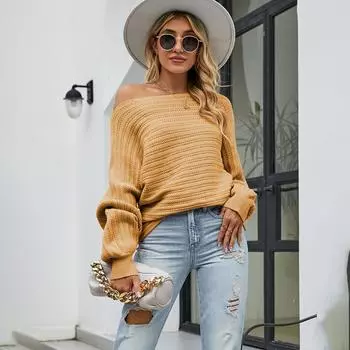Осень-зима Винтажный свободный топ с длинными рукавами однотонный кардиган трикотажный свитер с косой горловиной S жёлтый