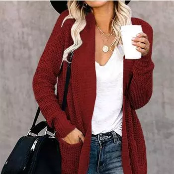 Осень-зима Винтажный свободный топ с длинными рукавами однотонный кардиган трикотажный свитер с V-образным вырезом S армия зеленый