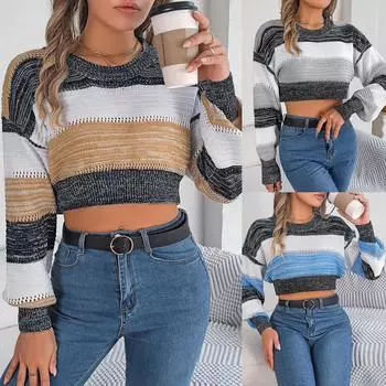 Осень-зима Винтажный свободный топ с длинными рукавами и принтом в полоску кардиган трикотажный свитер с круглым вырезом S хаки