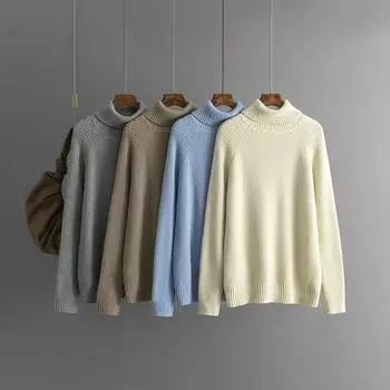 Осень-зима Винтажный свободный топ с длинными рукавами Однотонный пуловер Трикотажная одежда с полувысоким воротником Утолщенный свитер One Size чёрный