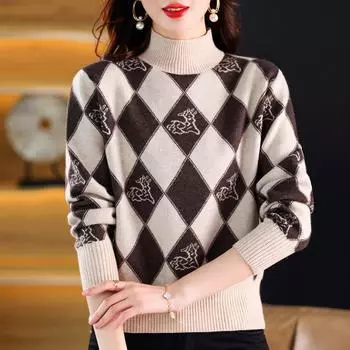 Осень/Зима Винтажный Жаккардовый Свитер Женский Высокий Воротник Трикотажный Свитер Короткий Толстый Свободный Трикотаж С Принтом Топ Джемпер S темно-коричневого