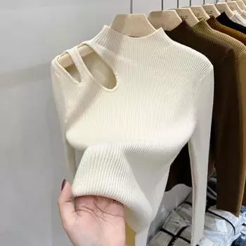 Осень-зима Водолазка Пуловер Вязаный женский свитер Ажурный ребристый Мягкий теплый топ Базовый повседневный длинный рукав Женский свитер One Size белый