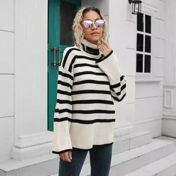 Осень-зима Водолазка Женская Контрастная Цветная Полосатая Джемперы Вязаные Пуловеры Свитера One Size чёрный