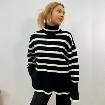 Осень-зима Водолазка Женская Контрастная Цветная Полосатая Джемперы Вязаные Пуловеры Свитера One Size чёрный