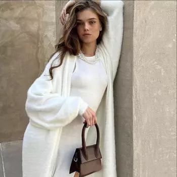 Осень-зима Вязаный женский повседневный длинный свитер длинный кардиган для женщин L белый