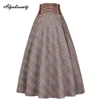 Осень-зима в английском стиле, женская шерстяная юбка-миди, бандажная юбка с высокой талией, плотная теплая клетчатая трапециевидная элегантная шерстяная юбка, женские s S