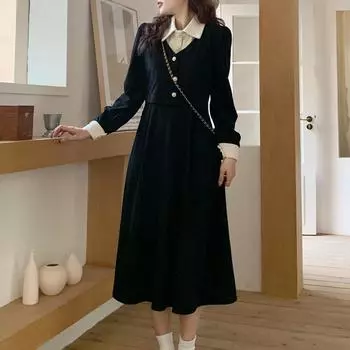 осень-зима вельветовое облегающее платье в тон, женское длинное свободное платье макси с длинным рукавом, женское поддельное вечернее платье из двух частей M