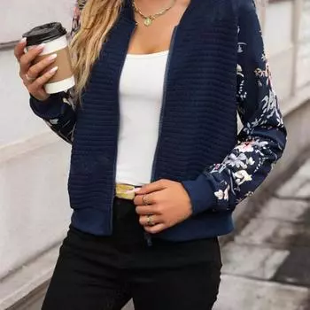 Осень-зима, винтажное пальто с цветочным принтом, женская новая элегантная куртка на молнии с длинными рукавами, повседневные топы в стиле High Street Fashion S тёмно-синий