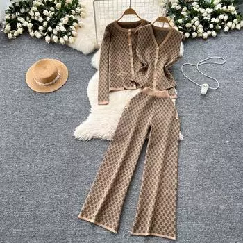 Осень-зима винтажный брендовый дизайнерский принт вязаный свитер брюки комплект из 3 предметов женский спортивный костюм однобортное пальто жилет брюки длиной до щиколотки наряды One Size хаки