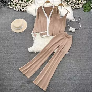 Осень-зима, винтажный однотонный вязаный свитер, брюки, комплект из 3 предметов, женский спортивный костюм, куртка на молнии с длинными рукавами, пальто, жилет, брюки, наряды One Size хаки