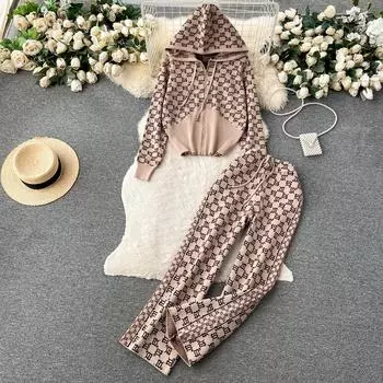 Осень-зима, винтажный вязаный свитер с буквенным принтом, спортивный спортивный костюм, женская мода, пальто с капюшоном на молнии и брюки длиной до щиколотки, комплект из двух предметов One Size хаки