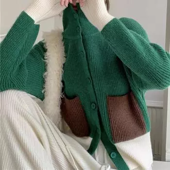 Осень-зима, водолазка, кардиган, женские однобортные вязаные свитера с карманами, женский теплый джемпер контрастного цвета, верхняя одежда One size зелёный