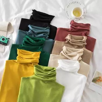 Осень-зима, водолазка с длинным рукавом, свитер, женский, внутренний, облегающий, трикотажный, нижняя часть, рубашка, свитера, топы, однотонная, повседневная, базовая одежда 2170 One Size чёрный