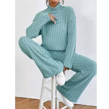 Осень-зима вязаная блузка и длинные брюки 2 комплекта из двух предметов женские наряды модные повседневные свободные топы с длинным рукавом с высоким воротом 30517 S серый