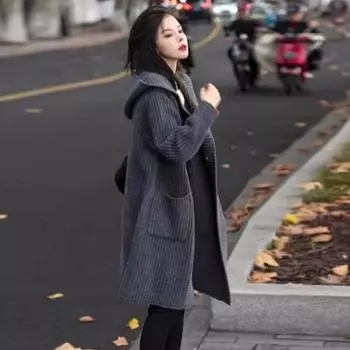 Осень-зима вязаное свободное толстое шерстяное пальто удлиненное большое женское модное темпераментное прямое цилиндрическое пальто One Size темно-серого