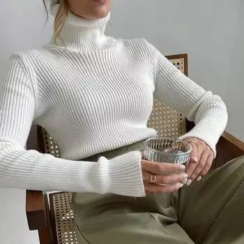 Осень-зима вязаные водолазки женские повседневные вязаные топы с длинными рукавами джемпер простой пуловер свитер 29689 One Size чёрный