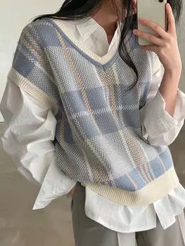 Осень-зима вязаные жилеты женские с v-образным вырезом в клетку цветной свитер без рукавов вязаные пуловеры женские топы одежда M синий