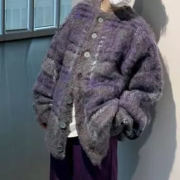 Осень-зима вязаный свитер кардиган однобортный круглый вырез ретро американский стиль толстый M зелёный