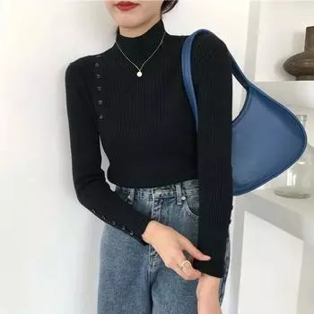 Осень-зима вязаный свитер однотонный трикотажный женский полувысокий ворот длинный рукав на пуговицах водолазка тонкие пуловеры женские свитера теплые нижние топы XL белый